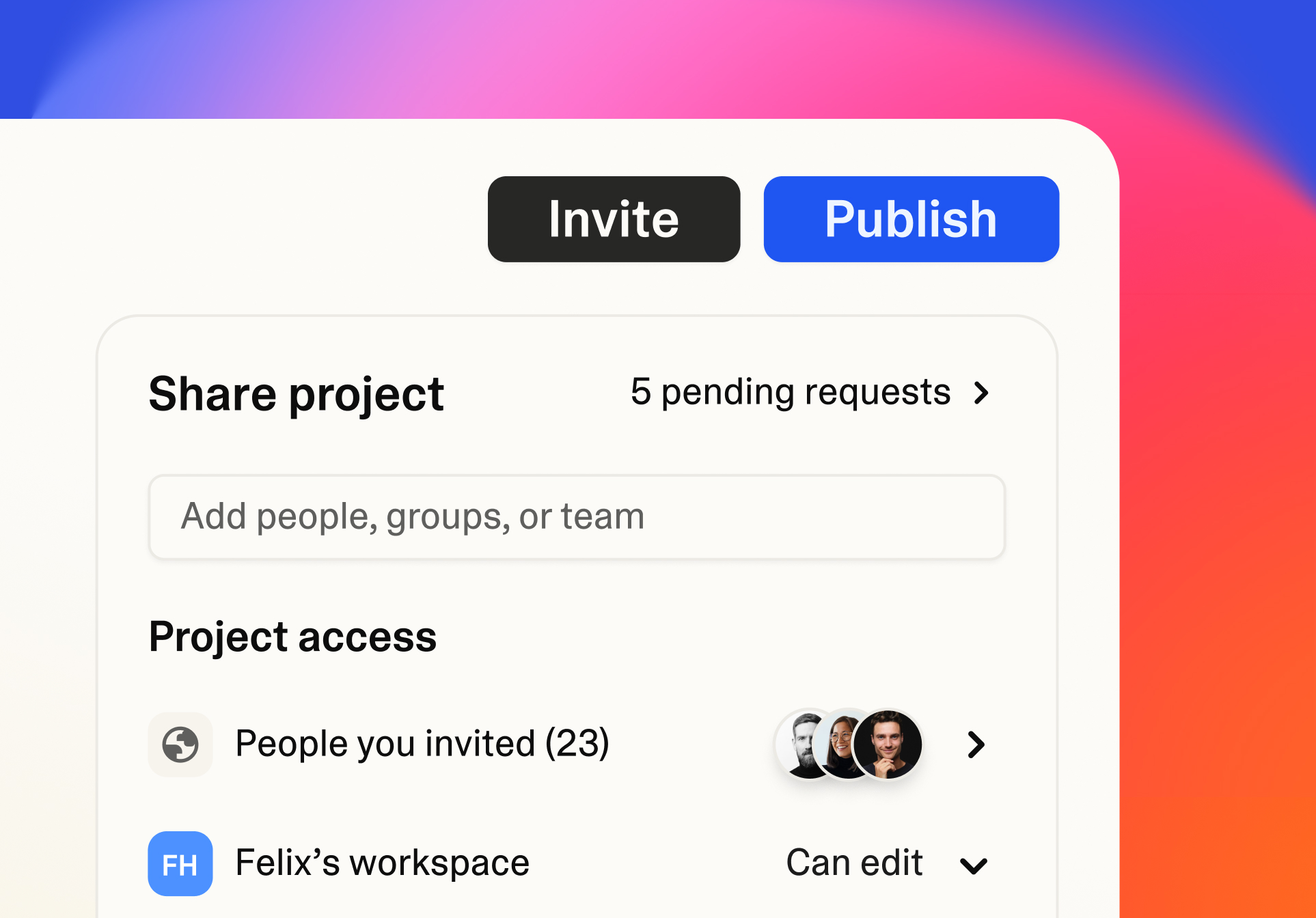 Lovable project sharing interface with invitations, publishing and project access permissions